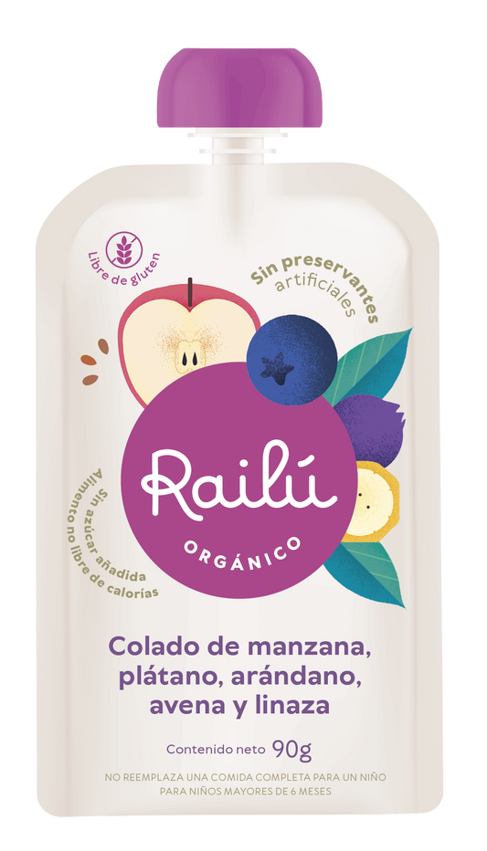 Colado de manzana, plátano, arándano, avena y linaza
